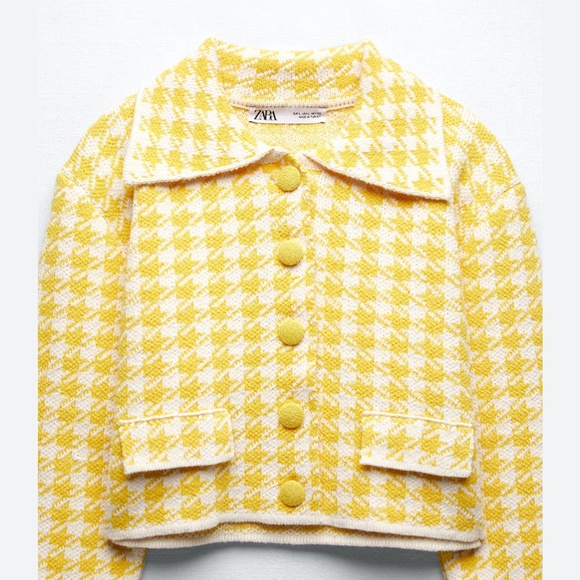 ZARA Yellow / White Houndstooth Tweed CROP Jacket SIZE M  Rare ! - Picture 5 of 6